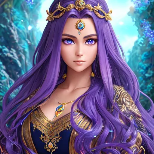 Prompt: "Full body, oil painting, fantasy, portrait of a tanned young goddess with flowing wavy purple hair and dark blue eyes | wearing heavenly robes with intricate blue trim on it, #3238, UHD, hd , 8k eyes, detailed face, big anime dreamy eyes, 8k eyes, intricate details, insanely detailed, masterpiece, cinematic lighting, 8k, complementary colors, golden ratio, octane render, volumetric lighting, unreal 5, artwork, concept art, cover, top model, light on hair colorful glamourous hyperdetailed medieval city background, intricate hyperdetailed breathtaking colorful glamorous scenic view landscape, ultra-fine details, hyper-focused, deep colors, dramatic lighting, ambient lighting god rays, flowers, garden | by sakimi chan, artgerm, wlop, pixiv, tumblr, instagram, deviantart