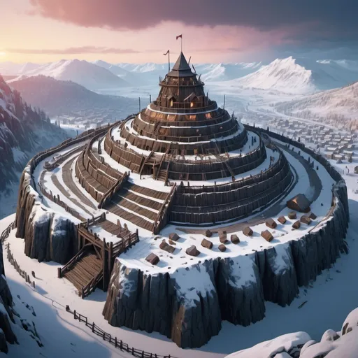 Prompt: Huge Viking hillfort, entire structure, wooden palisades, snow covered, intricate carvings details, immersive world-building, high quality, detailed, epic scale, fantasy, game style, vibrant colors, dusk