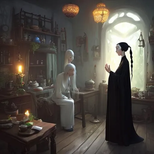 Prompt: a slender elderly lady in a blck dress,long white hair,ponytail,inside a healer's cottage,fantasy art,dignified