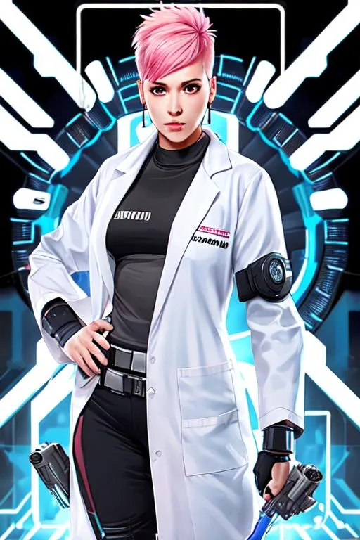 Prompt: A full-body photo of a female scientist. Sharp jawline, blush-colored hair, short hair, lab coat, facing forwards, face, blue earrings, cyberpunk, holding a gun, athletic, digital art.