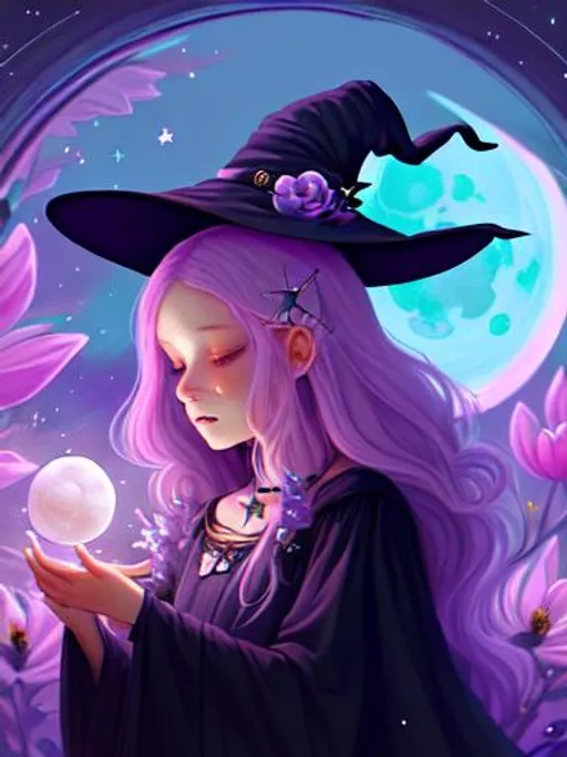 Prompt: Witch, aesthetic, pastel, beautiful, painting, fairycore, cute, flowers, soft, art, rpg, sweet, crystals, highres, illustration, moon, stars, space, sci fi