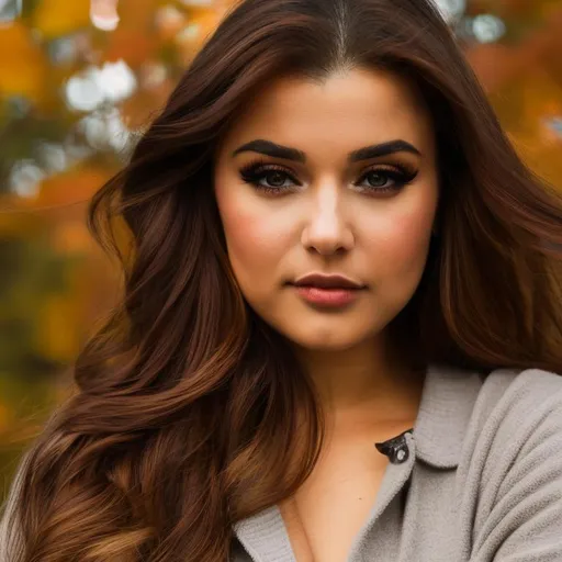 Prompt: Beautiful woman, autumn color palette, wild brown hair, brown eyes