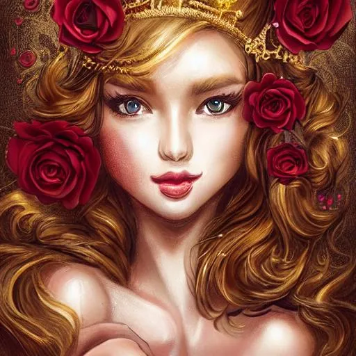 Prompt: Ballerina with red roses and gold big flowers crown, beautiful intricate colored wavy hair, symmetrical, soft gold lighting, detailed face with gold shimmer, wlop, rossdraws, crystals on the body, concept art, digital painting, contrast dark and gold