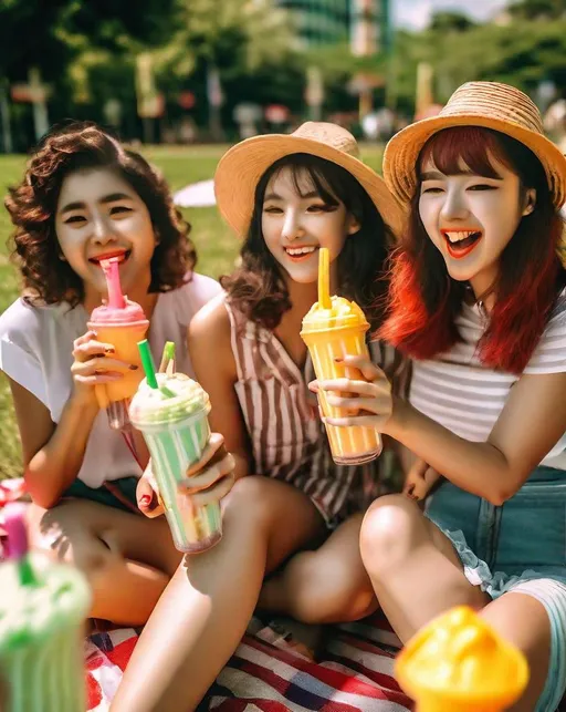 Prompt: ((Sun-Kissed Picnic)) on a vibrant summer day, featuring friends enjoying various activities with colorful milkshakes. Utilize a fun and lively setup with a ((Canon EOS RP)) and a ((Canon EF-S 10-18mm f/4.5-5.6)) lens. Capture the excitement and joy of summer memories. In the style of Artist ((David Hockney)).