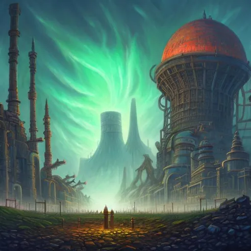 Prompt:  fantasy art style, painting, pipes, monument, soldiers,cube, power plants, nuclear fusion, nuclear power, nuclear waste, bombs, torpedoes, misiles, concrete, neon lights, green neon lights, pollution, smog, fog