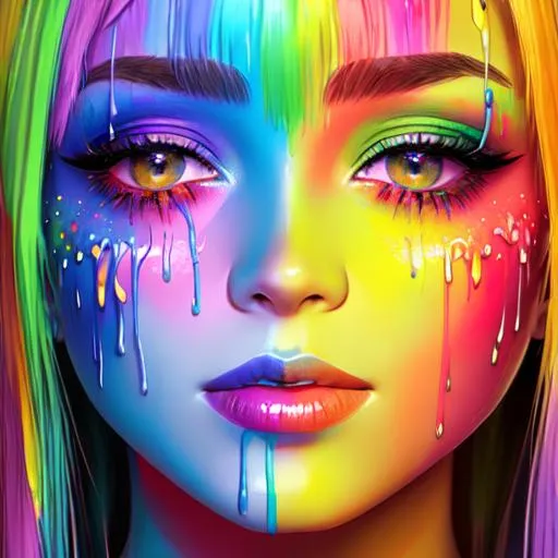 Prompt: female face dripping  paint in rainbow colors, facial closeup