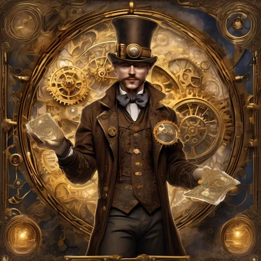 Prompt: steampunk style (The Magician tarot card), a skilled wizard wielding mystical tools and swirling spells, intricate mechanical elements, Victorian era influences, rich bronze and brass tones, elaborate gears and cogs in the background, hint of mystique, enchanting atmosphere, vibrant mystical energy, ultra-detailed, atmospheric lighting, enchanting aura, high-quality design