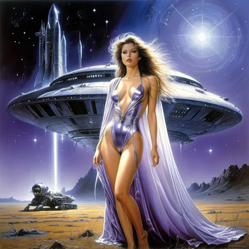 Prompt: Hajime Sorayama, Luis Royo, Surrealism Mysterious strange fantasy. Beautiful girl with long brown hair, light transparent cape and perfectly 
voluminous body in the background: euphoric dead spaceship, abandoned space base. gloomy, post-apocalyptic landscape, meteor shower, gloomy, 
dramatic atmosphere, grunge, dead space. purple light, bright stars. very detailed