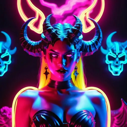 Prompt: beautiful female demon, hell, demonic, vaporwave, retro, neon, aesthetic, liminal, high quality, high definition, beautiful, dramatic lighting