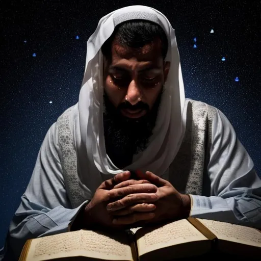 Prompt: A muslim man, hugging the quran tightly, with tears flowing from his eyes, with complete darkness as the background, and light shing from the quran illuminating his silhouette