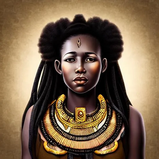 Prompt: Closeup face portrait of a female African warrior seated on a throne, smooth soft skin, big dreamy eyes, beautiful intricate black hair, symmetrical,  soft lighting, detailed face, 