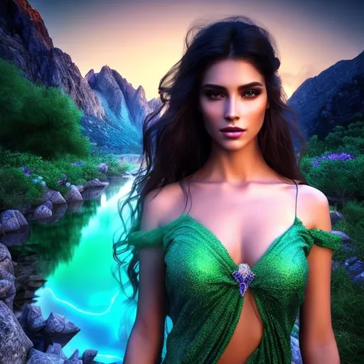 Prompt: HD 4k 3D 8k professional modeling photo hyper realistic beautiful woman ethereal greek goddess of the memory
black hair light eyes gorgeous face black skin white and green shimmering dress jewelry and crown full body surrounded by magical glowing light hd landscape background mountains and flowing river 