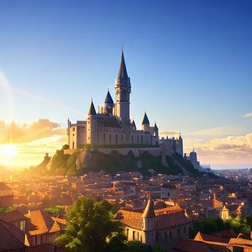 Prompt: D&d medieval city, sun rays, seen by the sky, wide open, professional, render, Sharp focus, HD, UHD, HDR, hyperrealistic 