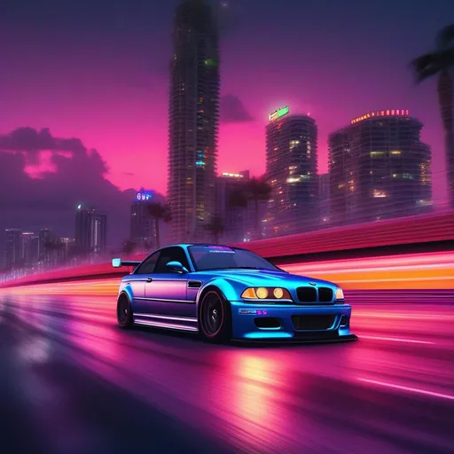 Prompt: 2001 BMW M3 E46 GTR, synthwave, aesthetic cyberpunk, miami, highway, dusk, neon lights, coastal highway, dusk, neon lights, coastal highway, sunset, drift, nurburgring, very detailed