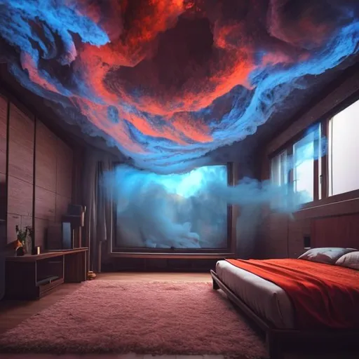 Prompt: one room with smoke, red eye, song , bule sky outside
planets are  come in my room

