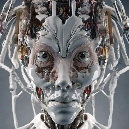 Prompt: cover album art complex 3d render ultra detailed of a beautiful porcelain alien head hanging from the ceiling android face, cyborg, robotic parts, 150 mm, dark studio soft light, rim light, vibrant details, gore cyberpunk,  lace, hyperrealistic, anatomical, facial muscles, cable electric wires, microchip, elegant, beautiful background, octane render, H.R. goya style, 8k