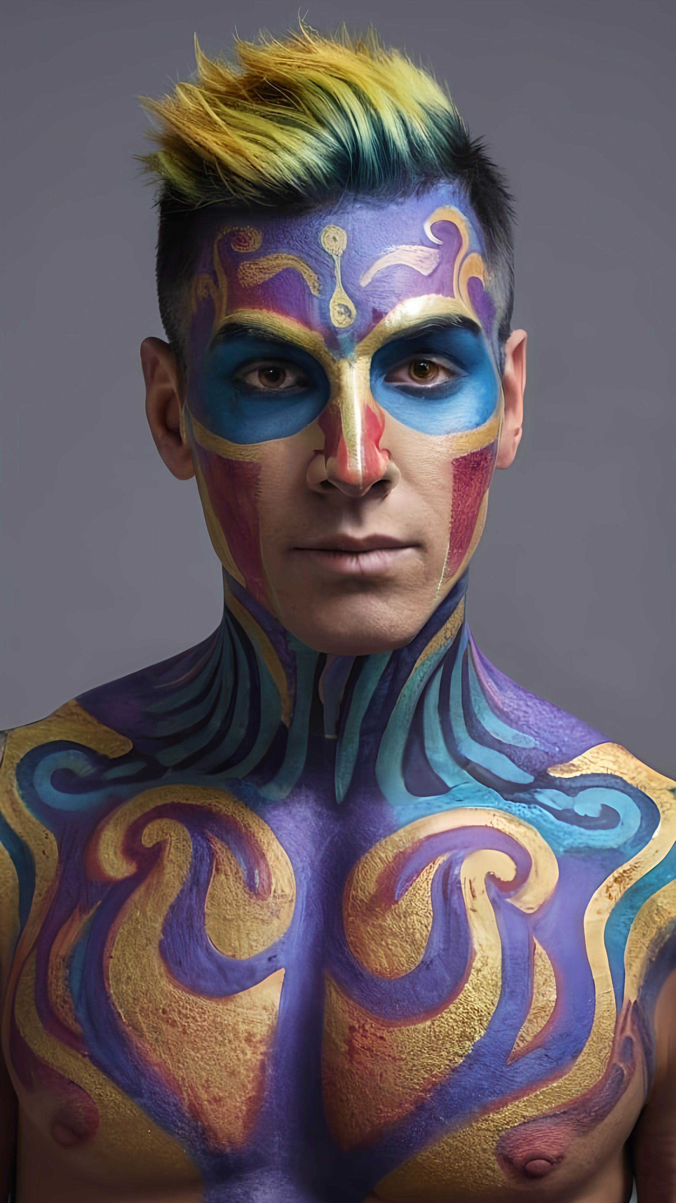 Prompt: a man with a colorful face and body paint on his face and chest, with a yellow and blue swirl on his face, cloisonnism, painted