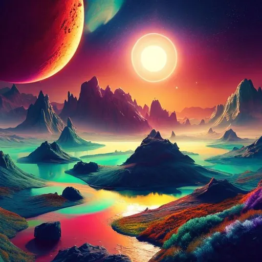 Prompt: landscape, imaginary, other planets, sky image, colorful, radient, rivers and water