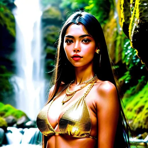 Prompt: RAW photo, woman, 25 years old, slim, wearing gold chain-mail bikini, straight hair, symmetrical balanced face, (high detailed skin:1.2), under a waterfall, 8k UHD, DSLR, soft lighting, high quality, film grain, Fujifilm XT3