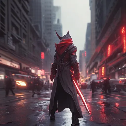 Prompt: Texas from Arknights, wielding red sword, red mantle, gray hair, longshot, photograpic, realistic, walking in the middle of city, rainy background