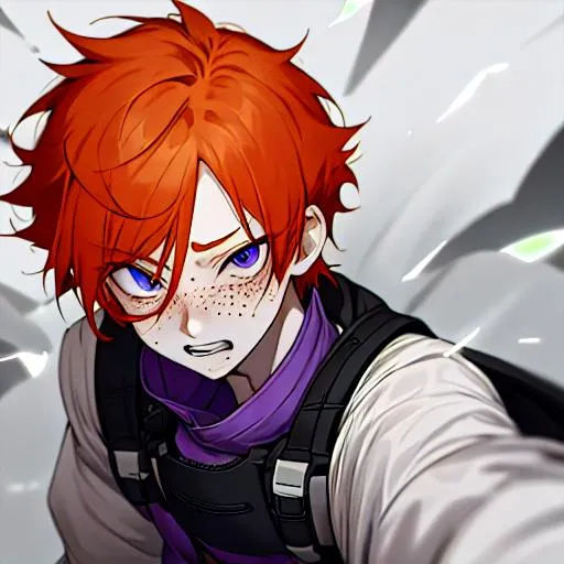 Prompt: Erikku male adult (short ginger hair, freckles, right eye blue left eye purple) UHD, 8K, Highly detailed, insane detail, best quality, high quality, 