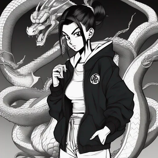 Prompt: Dragon Ball art style, young adult female, wearing black and white jacket, shenron background, black baggy pants, black short ponytail, black eyes.
