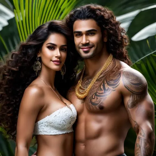 Prompt: "4k high res, ultra realistic emphasis on face, full body image, beautiful female and handsome male Samoan couple (clear detailed emphasis on face) on a 4k ultra defined face, with (black) hair, dressed in traditional Samoan style with Luis Royo, Amy Sol, detailed, no disproportioned hands, limbs, faces, eyes, mouth, bright tropical background"