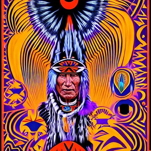 Prompt:  uv reactive art deco wall art Navajo medicine man talks to spirit ancestors at night around camp fire  drum circle peyote trip acid pop posters