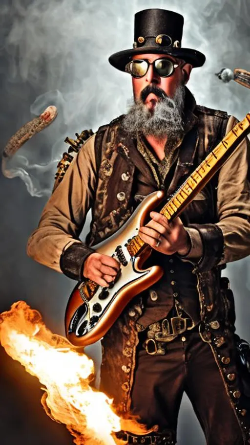 Prompt: A steampunk man with a grey goatee beard playing a Stratocaster with fire in the background