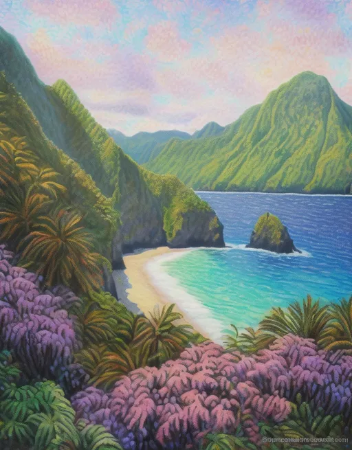 Prompt: A portrait painting of American Samoa National Park, in the pointillism style of Claude Monet, with soft pastel colors.