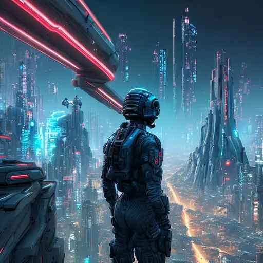 Prompt: A Futuristic soldier standing on the edge of a cliff looking out towards a massive neon city