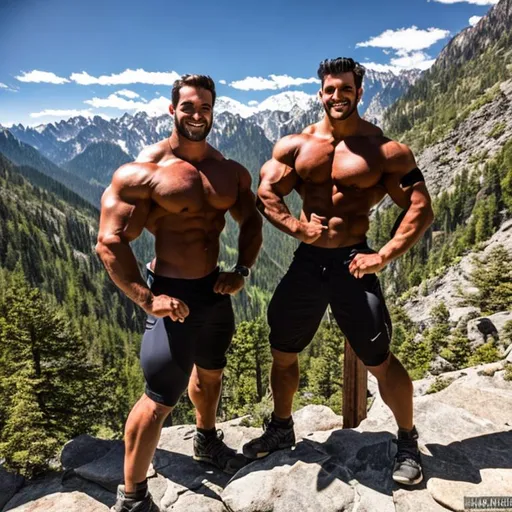 Prompt: 2 handsome, 70000 foot tall bodybuilders with v-tapers, in the mountains, extremely wide back