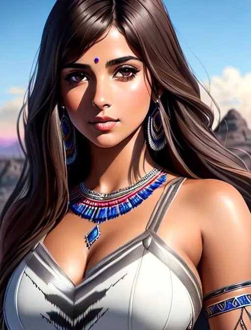 Prompt: Naomi Scott  parted bangs, brown hair, brown eyes, ethereal, wearing a tribal war dress, jewelry set balayage wild hair, royal vibe, highly detailed, digital painting, Trending on artstation , HD quality, tan skin, Big Eyes,artgerm, by Ilya Kuvshinov

scenic view post apocalyptic city landscape, looking from below,

volumetric lighting, cinematic lighting, sunshine, contrast light,

precise hard pencil strokes, precise hard pencil outlines,

cinematic dramatic atmosphere, detailed and intricate environment, cell shading, perfect anatomy, freedom, soul, global illumination,

concept art, fluid and sharp focus,

album cover ar 