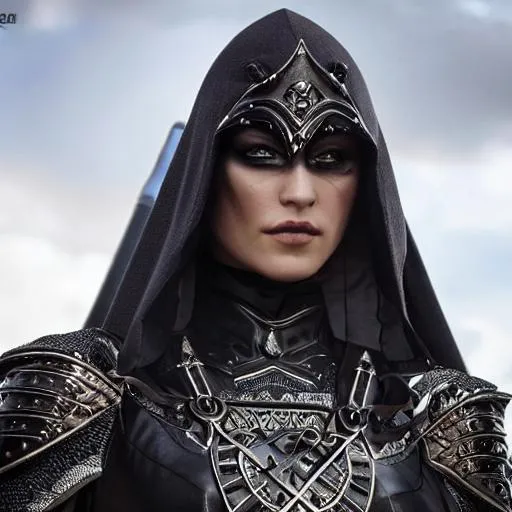 Prompt: medival assassin, black veil, black obsiadain armor, gothic, realistic face, super detailed, high quality, 8k, sharp focus, highly detailed, epic, vibrant, ultra high quality model, dark fog behind, full height, dark fantasy, arabian closes