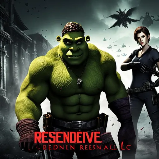 Prompt: Resident Evil Cover Art, realistic, 8k Shrek