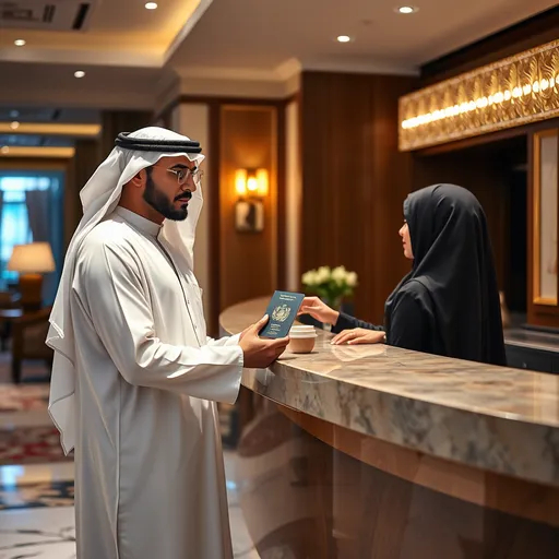 Prompt: Afar A skinny handsome Sheikh stands at the front desk checking into a very expensive hotel in the UAE and hands his passport to the receptionist standing across from the Sheikh at the front desk