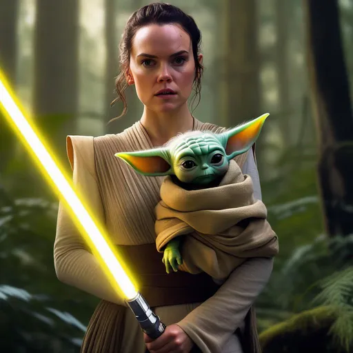 Prompt: Daisy Ridley as Rey Skywalker holding a yellow lightsaber with Baby Yoda in a forest, hyperrealistic, face accurate, 8K