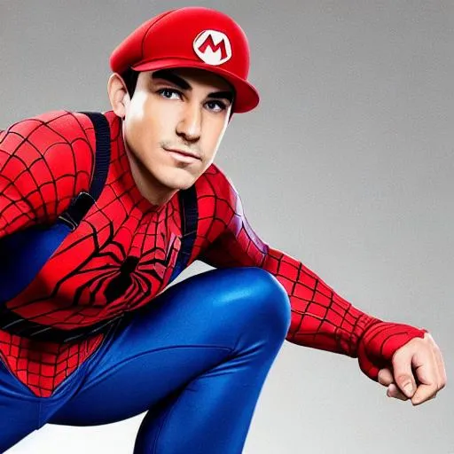 Prompt: Peter Mario is a charismatic and agile character that combines the iconic elements of both Mario and Spider-Man.

Peter Mario has a similar overall appearance to Mario, with his trademark red hat, blue overalls, and brown boots. However, he also incorporates elements of Spider-Man's costume design. He wears a red and blue jumpsuit, similar to Mario's overalls, but with web-like patterns on the blue areas, resembling Spider-Man's suit. His gloves and boots have web-shaped patterns as well, giving him enhanced traction and grip.

Peter Mario's red hat features a small spider symbol, representing his Spider-Man influence. Additionally, he wears a red mask that covers the upper half of his face, leaving his expressive eyes visible. The mask has web-like patterns extending from the eyes, further blending the two characters' aesthetics.