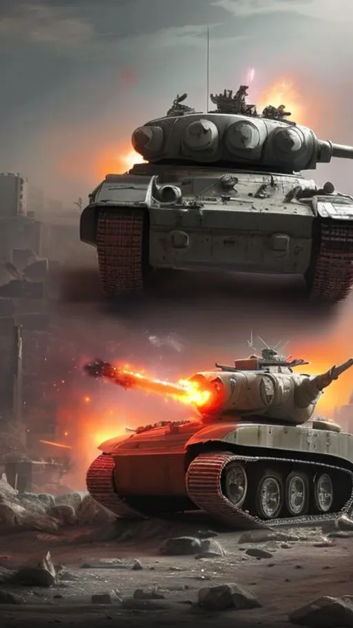 Prompt: A sci-fi tiger tank in war whit an soviet transport bus ,Hyperrealistic,destroy building in backrounds,4K