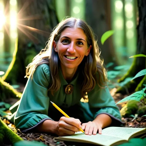 Prompt: Magical teacher in a mystical forest around sunlight. She helps young 5 year old adventurers who she encounters in the forest. 