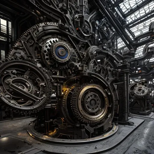 Prompt: Please produce a photograph of robotic beautiful factory gears, many sizes, high quality, trending art, trending on artstation, sharp focus, studio photo, intricate details, highly detailed, UHD, HDR, 8K, ((Masterpiece))
