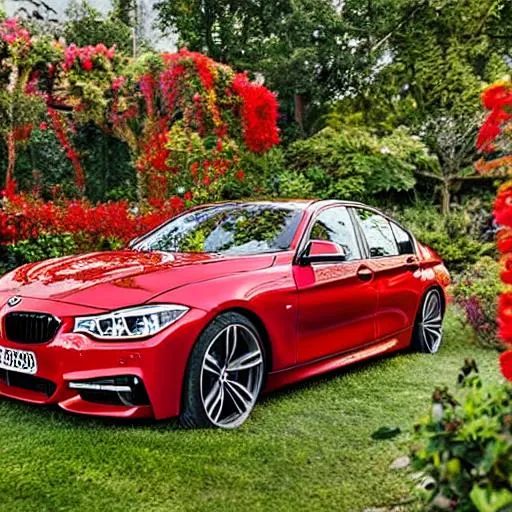 Prompt: A red BMW in a garden that is full with red flowers 