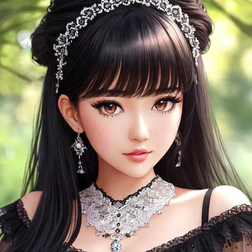 Prompt: 1 girl, 

extreme detailed fluffy lblack hair, beautiful detailed brown eyes, extreme detailed beautiful soft skin, beautiful detailed gloss lips,

white lace off the shoulder cotton dress, lace sapphire necklace,

sitting at the in the park, highly detailed tree,

masterpiece, highres, best quality, ultra realistic, hyper realistic, extreme detailed, extreme delicate and beautiful, colorful,

park background,

sunshine, blue sky, sunlight, sunrays, cinematic light, dramatic light, sunlight on face,

UDH, HDR, 64K, UHD render, HDR render, 64k render, unreal engine 5