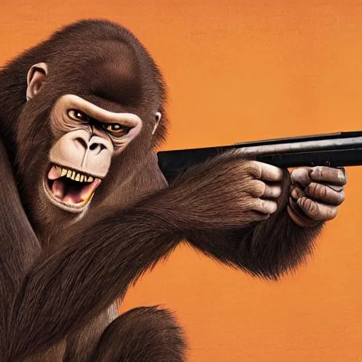 Prompt: an angry ape holding a sawed-off shotgun