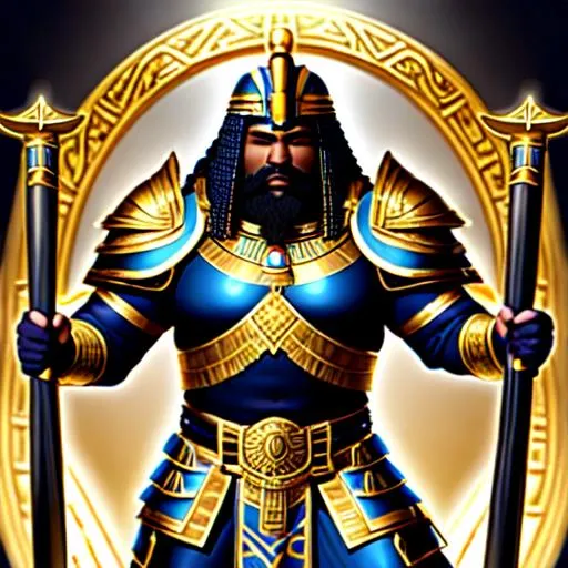Prompt: A black dwarven warrior wearing gold and blue ancient egyptian/roman style armor, wielding two khopesh swords in his hands