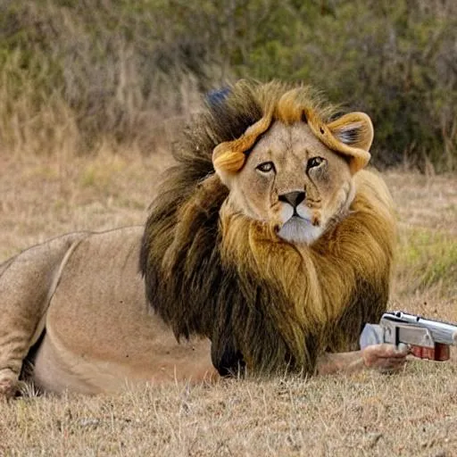 A man got shot by a lion with a gun