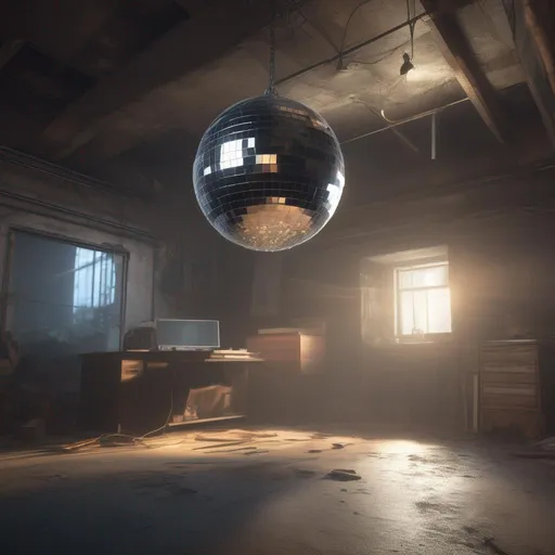 Prompt: a hanging disco mirror ball in a dusty basement strange consoles covered with old sheets, vacuum tubes and transformers, intricate minutia, volumetric lighting, unreal engine, trending on art station, beautiful, atmosphere, volumetric cinematic perfect light, high-angle, asymmetric balance 16:9 600 5.2