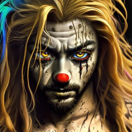 Prompt: Psychedelic, Tragic, Weeping Sad Unhappy 3D HD Tragic Bum Dirty {Clown}Male, Beautiful big reflective eyes, long flowing hair, ultra detailed full body artistic photography, detailed rugged Gorgeous detailed face, shadows, oil on canvas, brush strokes, ultra sharp focus, ominous, matte painting movie poster, golden ratio, epic, intricate, cinematic character render, hyper realistic, 64K --s98500