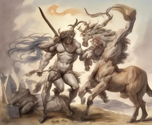 Prompt: Centaur fighting