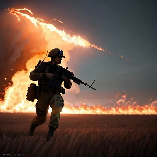 Prompt: soldier exercising in a field of fire, determination, motivation, dedication

hyperrealism with hyperrealistic intricate details, 
cinematic volumetric dramatic 
128k UHD HDR HD, 
front view professional photography long shot, 
unreal engine octane render trending on artstation, 